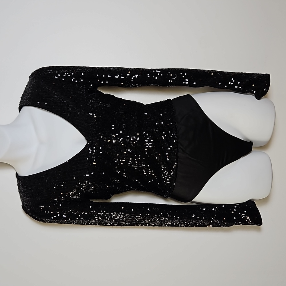 Sequined Body Suit Long Sleeve Thong Style Black Size M